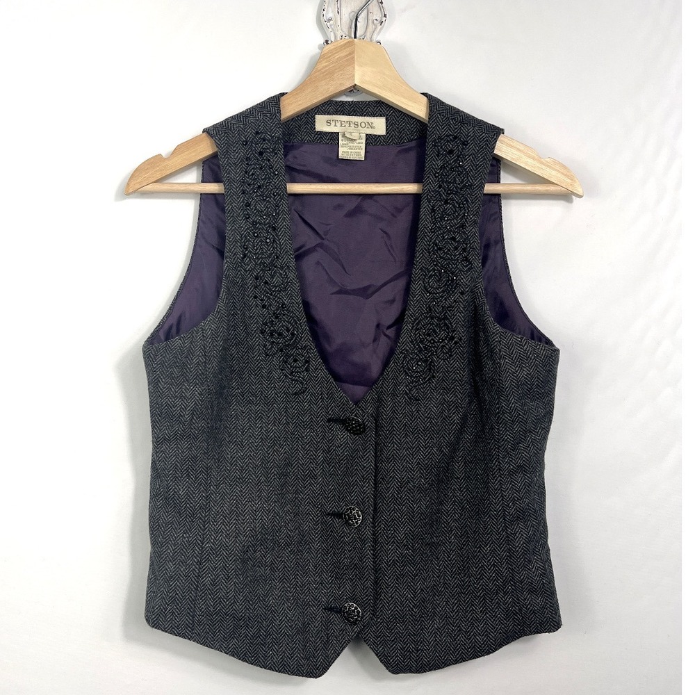 Stetson Vest Women S Grey Herringbone‎ Beaded Western Waistcoat 11-74-565-103BL